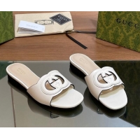 Buy Discount Gucci Cutout Interlocking G Flat Slides Sandals White 605134