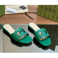 Shop Duplicate Gucci Cutout Interlocking G Flat Slides Sandals Green 605136