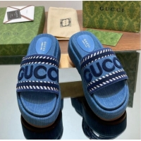 Pretty Style Gucci GG Denim Platform Slides Sandal 5.5cm with GUCCI Script Blue 605143