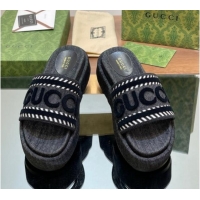 Low Price Gucci GG Denim Platform Slides Sandal 5.5cm with GUCCI Script Black 605144