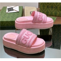 Low Price Gucci GG Denim Platform Slides Sandal 5.5cm with GUCCI Script Pink 605145