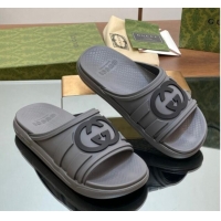 Luxury Discount Gucci Men's Rubber Interlocking G Flat Slides Sandal Grey 605158