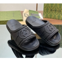 Low Cost Gucci Men's Rubber Interlocking G Flat Slides Sandal All Black 605161