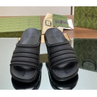 Best Grade Gucci Men's Rubber Web Flat Slides Sandal All Black 605164