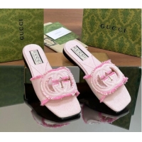 Top Design Gucci Interlocking G Flat Slide Sandals in Frayed Canvas with Fringe Light Pink 605168