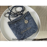 Buy Discount Chanel 22 Studs Quilted Denim Mini Shopping Bag AS3980 Blue 2024