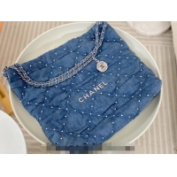 Promotional Chanel 22 Studs Quilted Denim Shopping Bag AS3261 Blue 2024