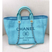 Buy Fashionable Chanel Deauville Mixed Fibers and Calfskin Shopping Bag A66941 Light Blue 2024