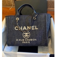 Well Crafted Chanel Deauville Denim and Calfskin Shopping Bag A66941 Dark Blue 2024