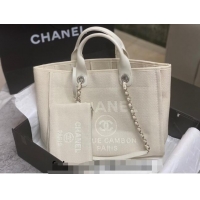 Top Grade Chanel Deauville Cotton & Calfskin Medium Shopping Bag AS2007 White 2024