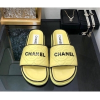 Top Grade Chanel Quilted Lambskin Flat Slide Sandals with CC and Signature Yellow 601001