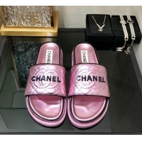 Durable Chanel Quilted Lambskin Flat Slide Sandals with CC and Signature Light Pink 601005