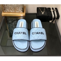 Unique Style Chanel Quilted Lambskin Flat Slide Sandals with CC and Signature Light Blue 601006