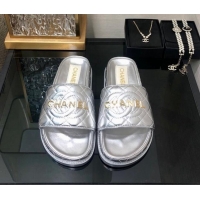 Good Looking Chanel Quilted Lambskin Flat Slide Sandals with CC and Signature Silver 601007