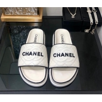 Luxurious Chanel Quilted Lambskin Flat Slide Sandals with CC and Signature White 601008