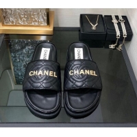 Most Popular Chanel Quilted Lambskin Flat Slide Sandals with CC and Signature Black 601009