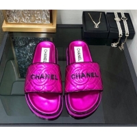 Top Design Chanel Quilted Lambskin Flat Slide Sandals with CC and Signature Dark Pink 601010