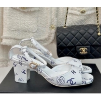 Buy Luxury Chanel Coco Printed Lambskin Heel Sandals 6cm White/Blue 601012