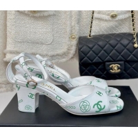 Hot Style Chanel Coco Printed Lambskin Heel Sandals 6cm White/Green 601013