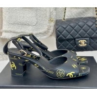 Good Product Chanel Coco Printed Lambskin Heel Sandals 6cm Black 601014