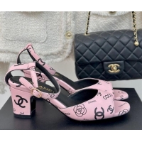 Stylish Chanel Coco Printed Lambskin Heel Sandals 6cm Light Pink 601015