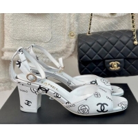 Grade Chanel Coco Printed Lambskin Heel Sandals 6cm White/Black 601016