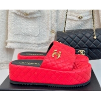 Sumptuous Chanel Quilted Lambskin Platform Slide Sandals with Strass CC Red 601020