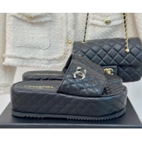 Duplicate Chanel Quilted Lambskin Platform Slide Sandals with Strass CC Black 601021