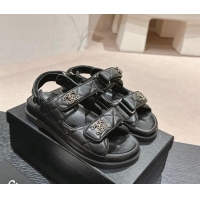 Good Looking Chanel Quilted Lambskin Strap Flat Sandals with Chain CC Black 601032