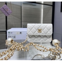 Spot Bulk Chanel Lambskin Clutch with Pearls Chain AP4010 White 2024