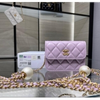 Luxury Classic Chanel Lambskin Clutch with Pearls Chain AP4010 Light Purple 2024