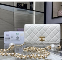 Luxury Classic Chanel Lambskin Wallet On Pearls Chain WOC AP3964 White 2024