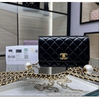 Luxury Classic Chanel Lambskin Wallet On Pearls Chain WOC AP3964 Black 2024