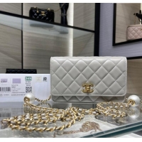 High Quality Chanel Lambskin Wallet On Pearls Chain WOC AP3964 Grey 2024