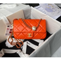 Cheapest Chanel Lambskin Small Flap bag with Pearls Chain AS4861 Orange 2024