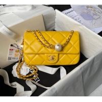 Buy New Cheap Chanel Lambskin Small Flap bag with Pearls Chain AS4861 Yellow 2024