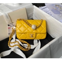 New Release Creation Chanel Lambskin Mini Flap bag with Pearls Chain AS4868 Yellow 2024