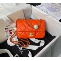 Buy Luxury Chanel Lambskin Mini Flap bag with Pearls Chain AS4868 Orange 2024