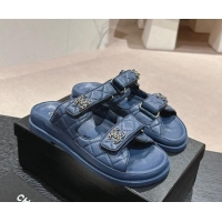 Good Quality Chanel Quilted Lambskin Strap Flat Slides Sandal with Chain CC Navy Blue 01042