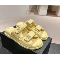 Stylish Chanel Quilted Lambskin Strap Flat Slides Sandal with Chain CC Yellow 601043