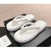 Low Price Chanel Lambskin Thong Flat Slides Sandal with CC Patch White 601048