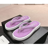 Top Grade Chanel Lambskin Thong Flat Slides Sandal with CC Patch Purple 601049