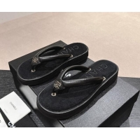 Good Looking Chanel Lambskin Thong Flat Slides Sandal with CC Patch Black 601050