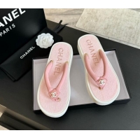 Popular Style Chanel Lambskin Thong Flat Slides Sandal with CC Patch Light Pink 601051