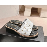 Good Quality Chanel Lambskin Heel Slides Sandal 4cm with Logo Charm White 601052