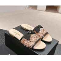 Pretty Style Chanel Strass and Sequins Flat Slides Sandal with Bow G45691 Beige 601062