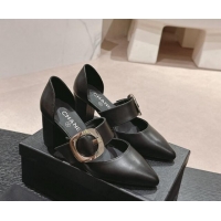 Top Grade Chanel Calfskin Mary Janes Pumps 7cm with Strap Buckle Black 601068