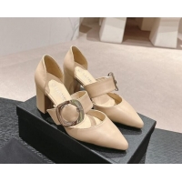 Durable Chanel Calfskin Mary Janes Pumps 7cm with Strap Buckle Beige 601069