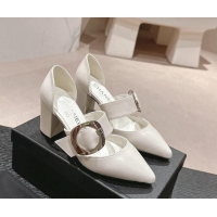 Best Grade Chanel Calfskin Mary Janes Pumps 7cm with Strap Buckle White 601070