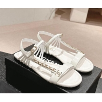 Unique Style Chanel Lambskin Flat Sandals with Chain Strap White 601076